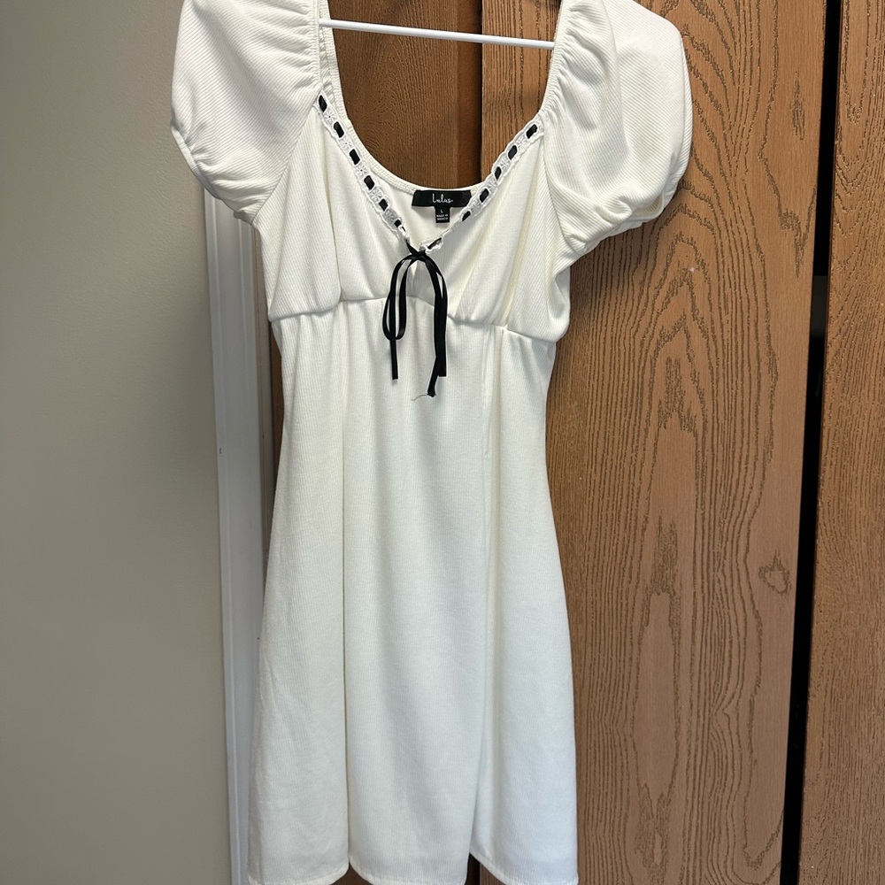 Lulu's White Mini Dress with Black Accents